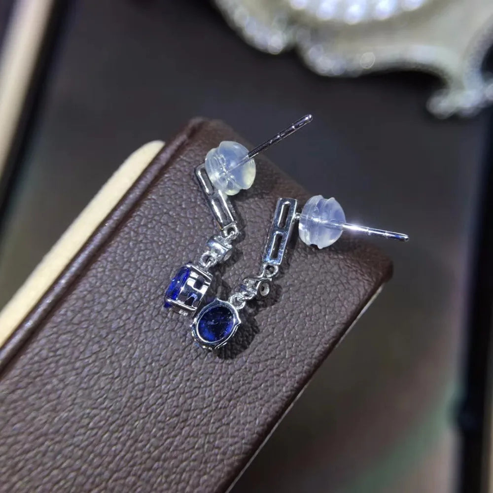 Earrings 18K White Gold 1.0ct Blue Sapphire Gemstones Drop Female's