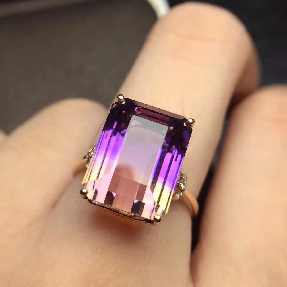 Ring 18K Rose Gold Rectangle Ametrine Gemstones Wedding Female's