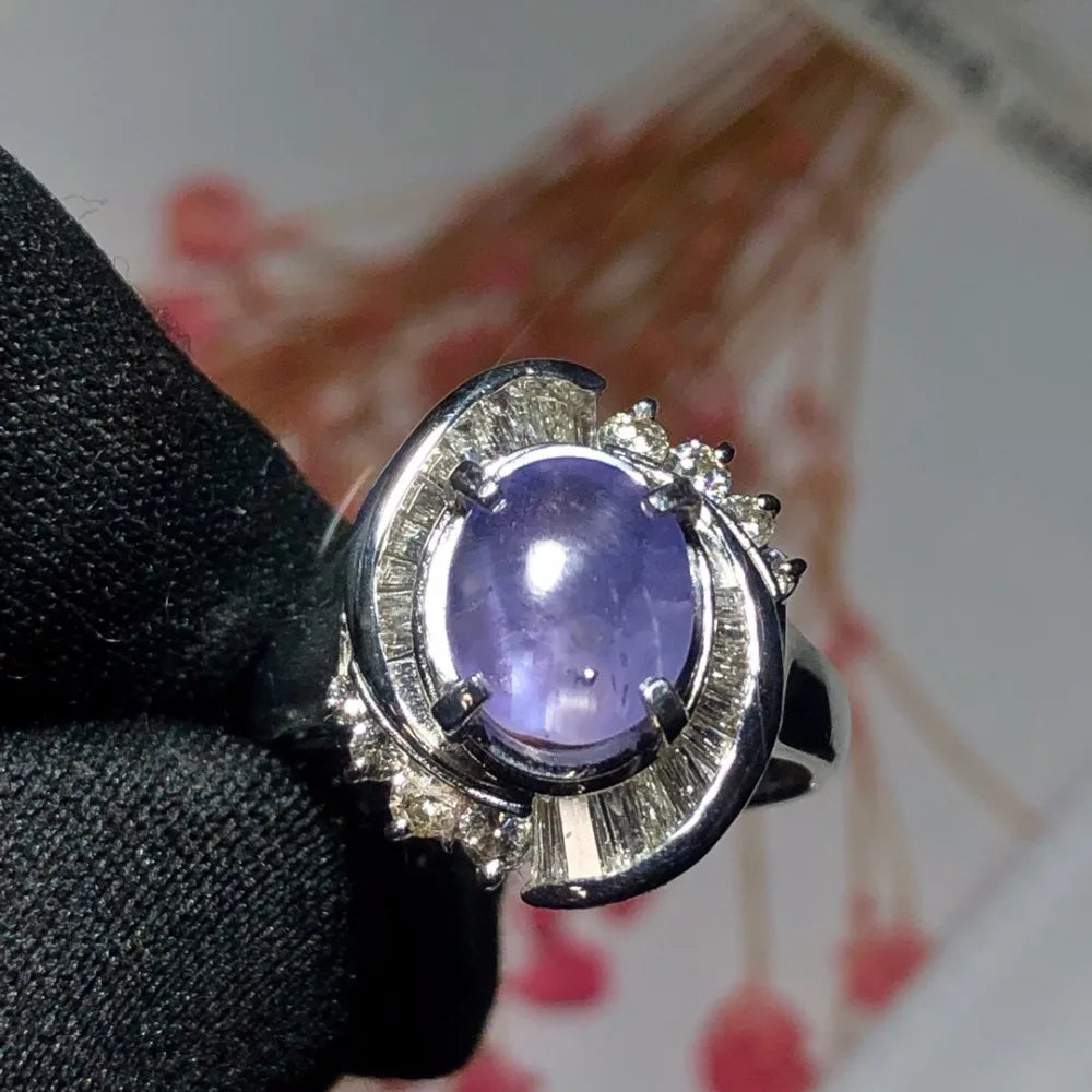 Ring Pt900 Platinum 3.035ct Star Blue Sapphire Diamond Female Weddin