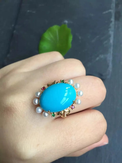 Ring 18K Rose Gold 100% Natural Turquoise Gemstones Diamonds Female Sporty