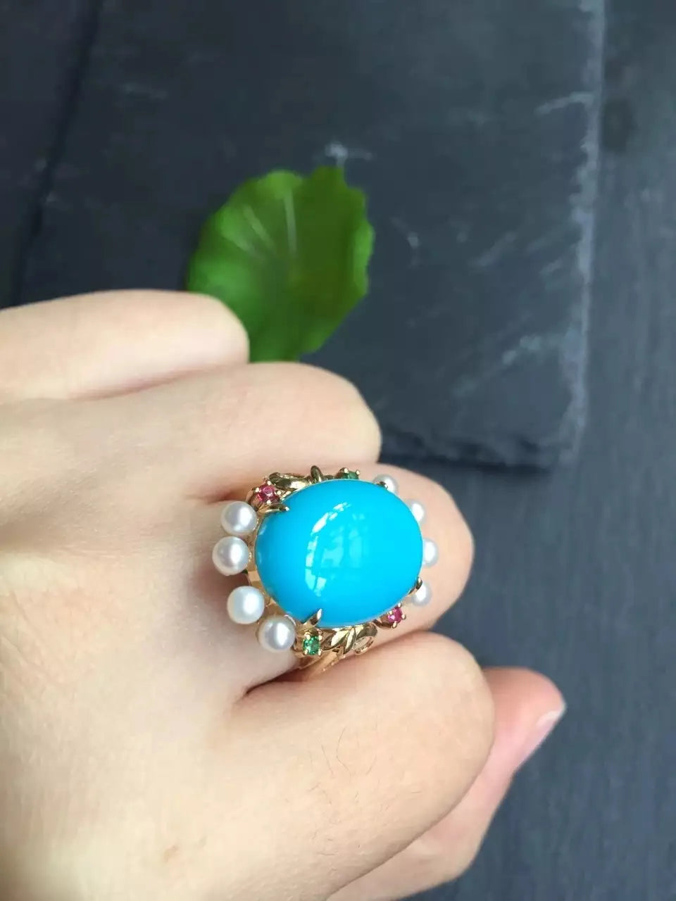 Ring 18K Rose Gold 100% Natural Turquoise Gemstones Diamonds Female Sporty