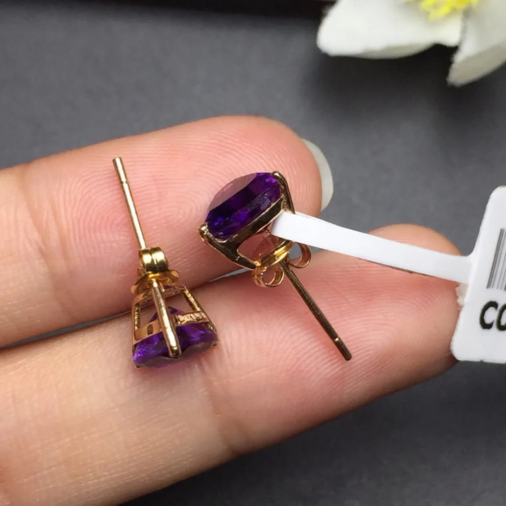 Earrings 18K Rose Gold 1.2ct Amethyst Gemstones Fine Gift Female