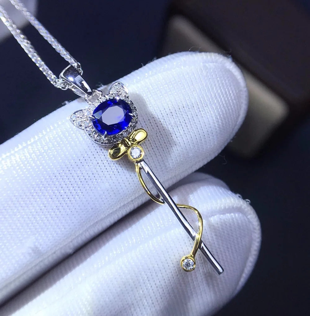 Pendant 18K White Gold 100% Natural Blue Sapphire Gemstones Necklace for Women