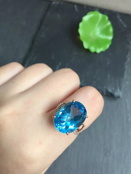 Ring 18K Rose Gold 100% Natural Blue Topaz Gemstones Female's