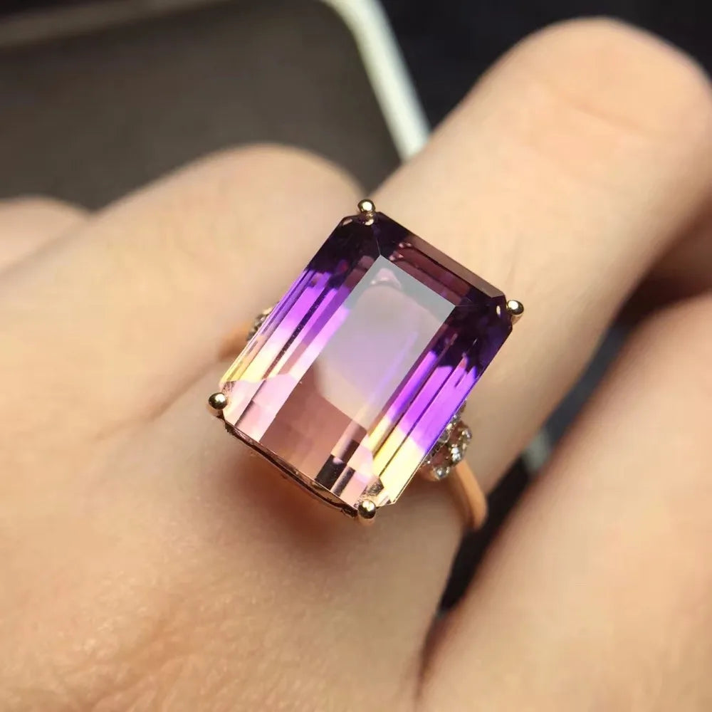 Ring 18K Rose Gold Rectangle Ametrine Gemstones Wedding Female's