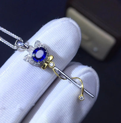 Pendant 18K White Gold 100% Natural Blue Sapphire Gemstones Necklace for Women