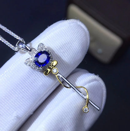 Pendant 18K White Gold 100% Natural Blue Sapphire Gemstones Necklace for Women