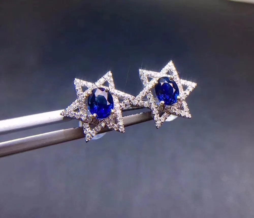 Earrings 18K White Gold 1.18ct Blue Sapphire Diamonds Female's