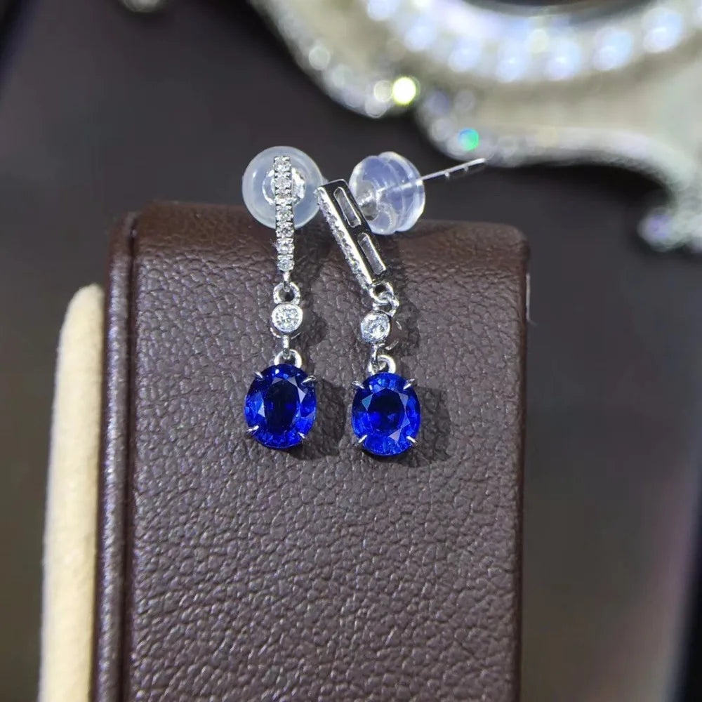 Earrings 18K White Gold 1.0ct Blue Sapphire Gemstones Drop Female's