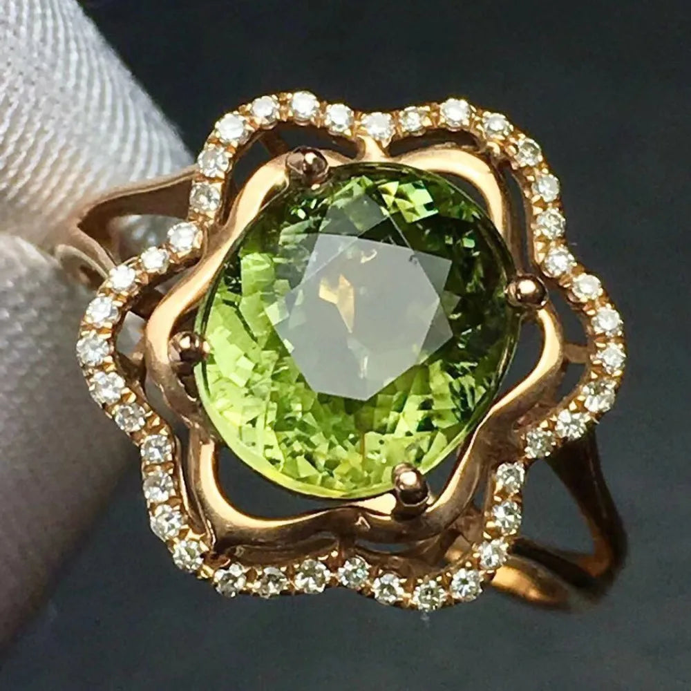 Ring 18K Gold 3.2ct Green Tourmaline Gemstone Diamonds Men's Wedding Ring