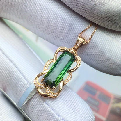 Pendant 18K Gold 2.7ct Green Tourmaline Gemstones Diamond Necklace for Women