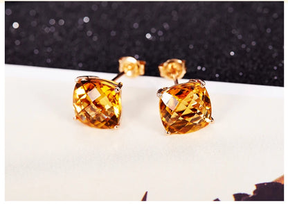 Earrings 18K Gold Citrine 7*7mm Gemstones Female's Fine Gift