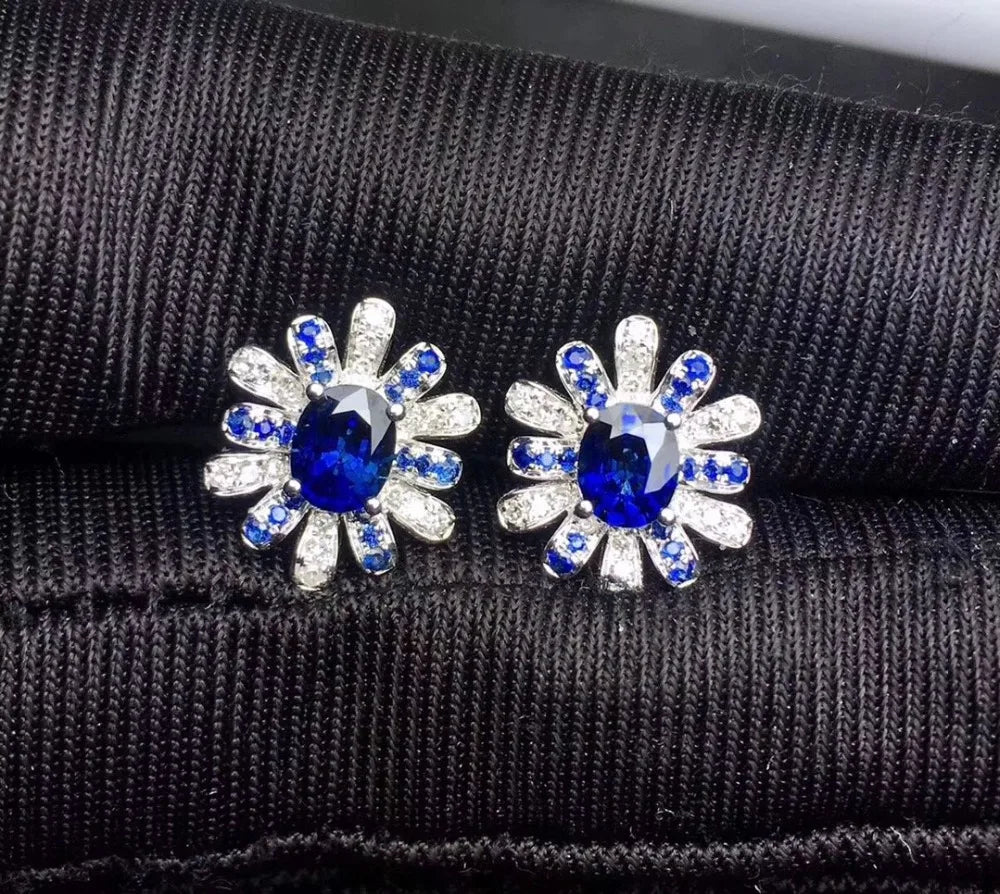 Earrings 18K Gold 1.1ct Royal Blue Sapphire Gemstones Stud Female's