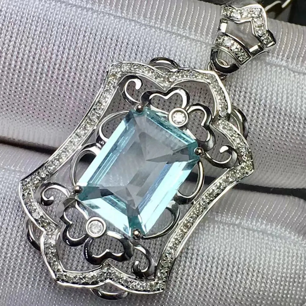 Pendant 18K White Gold 3.5ct Blue Aquamarine Gemstones Diamond Necklace for Women