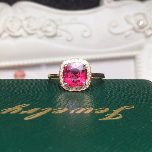 Ring 18K Gold 2ct Rubellite Tourmaline Diamonds Female's