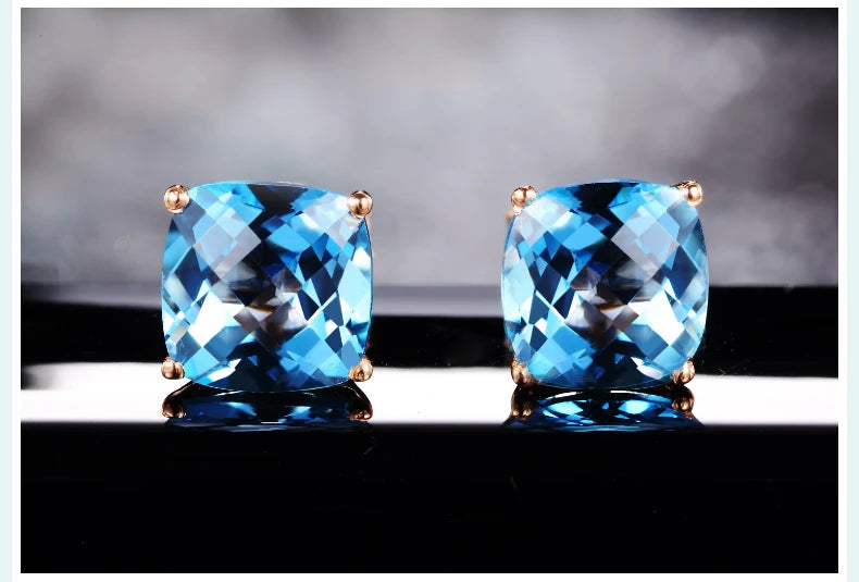 Earrings 18K White Gold 7*7mm Blue Topaz Diamonds Stud Female's Fine