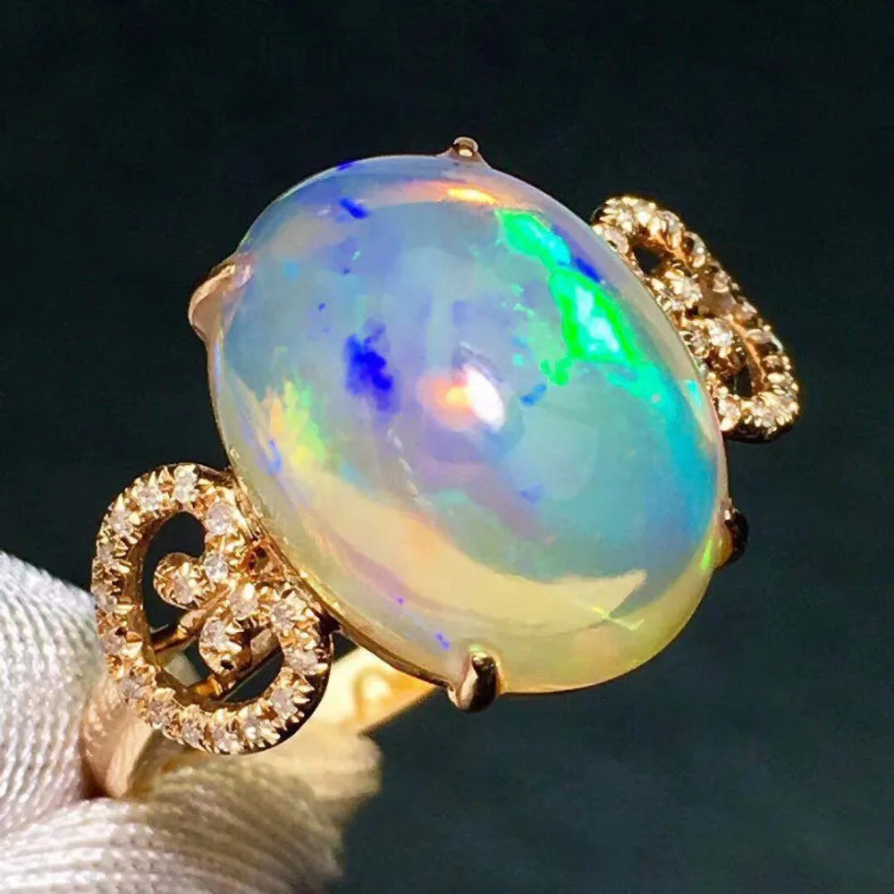 Ring 18K Gold 5.2ct Opal Gemstone Diamonds Female's Fine