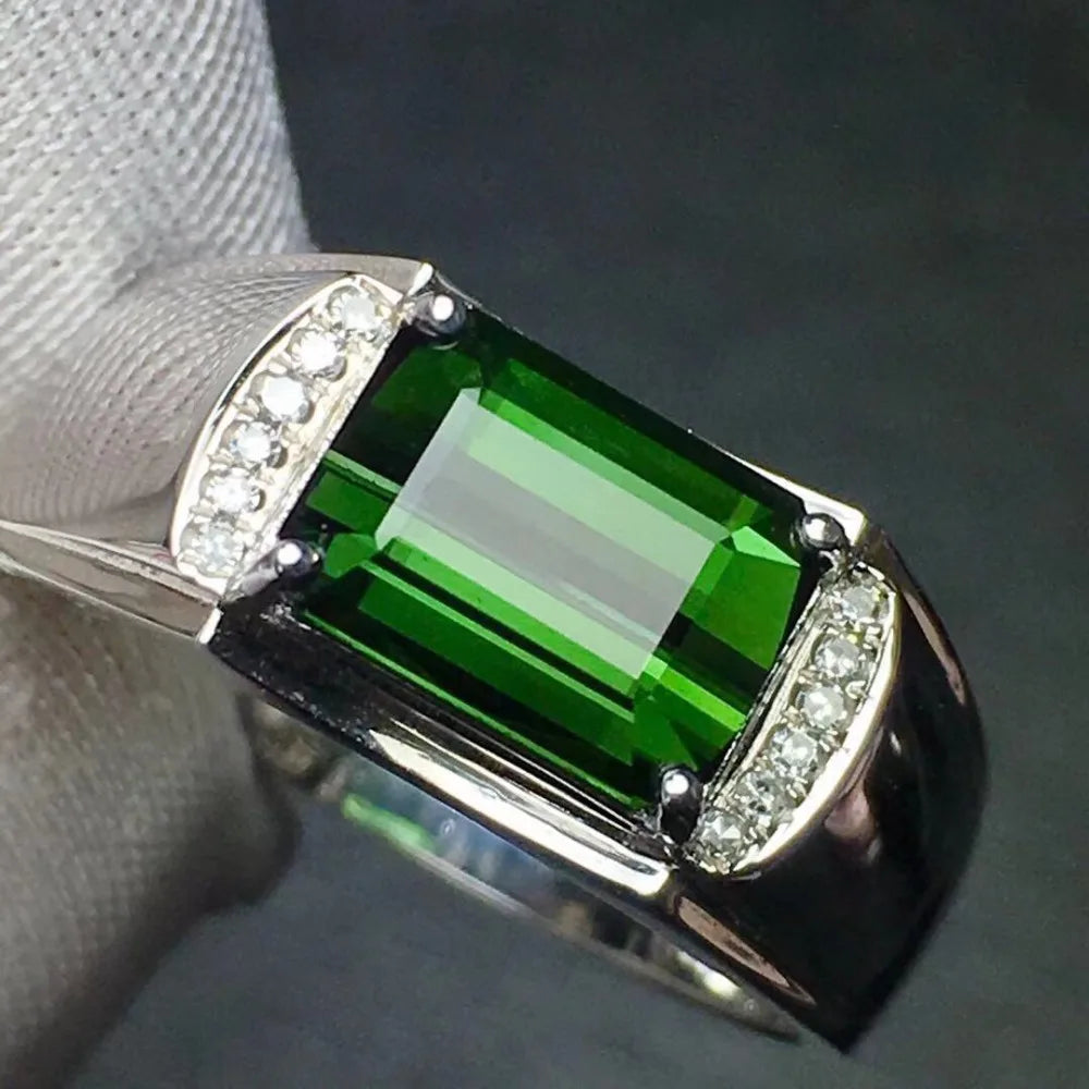 Ring 18K Gold 3ct Green Tourmaline Gemstone Diamonds Men's Wedding Ring