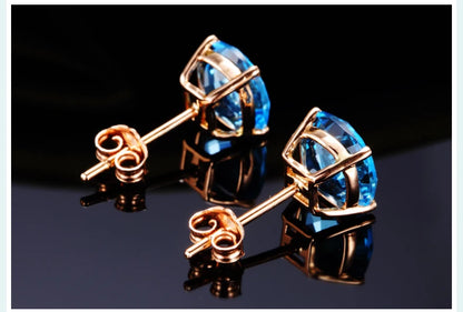 Earrings 18K White Gold 7*7mm Blue Topaz Diamonds Stud Female's Fine