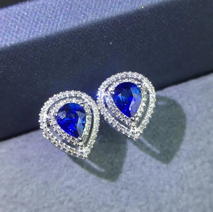 Earrings 18K Gold 0.9ct Royal Blue Sapphire Gemstones Stud Female's