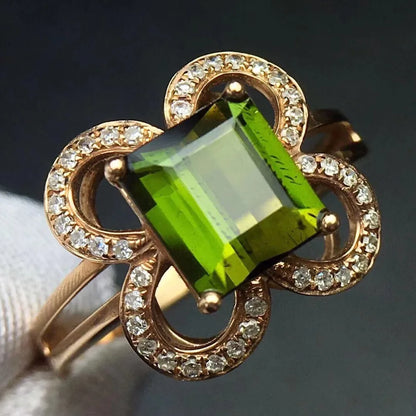 Ring 18K Gold 1.9ct Green Tourmaline Gemstone Diamonds Men's Wedding Ring