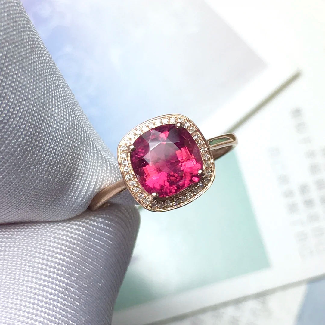 Ring 18K Gold 2ct Rubellite Tourmaline Diamonds Female's