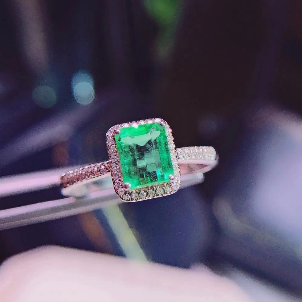 Ring 18K Gold 1.12ct Green Emerald Diamond Female's Fine Jewelry