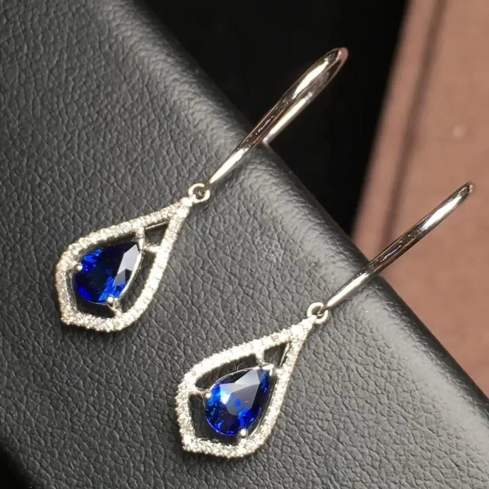 Earrings 18K Gold 1.22ct Royal Blue Sapphire Drop Female's Fine