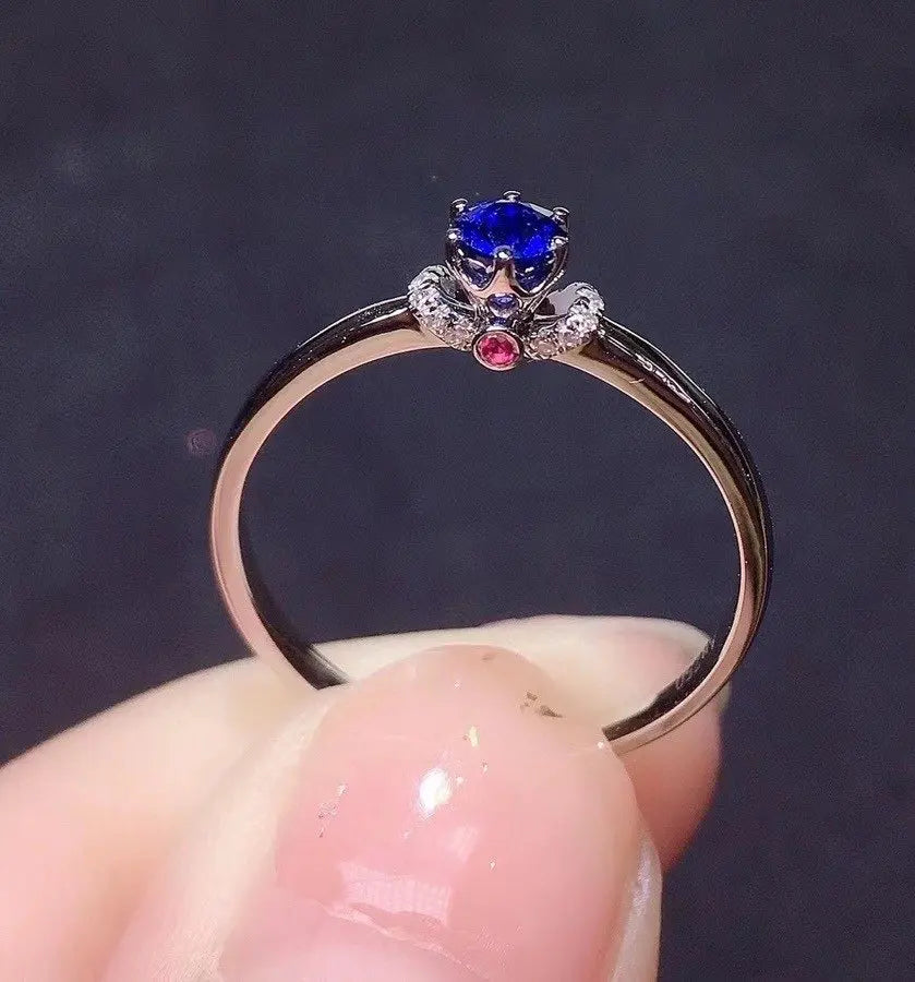 Ring 18K Gold 0.6ct Blue Sapphire Gemstones Diamonds Female