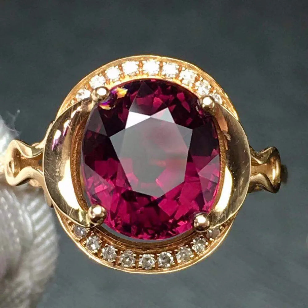 Ring 18K Gold 3.3ct Red Tourmaline Gemstones Diamonds Female Fine