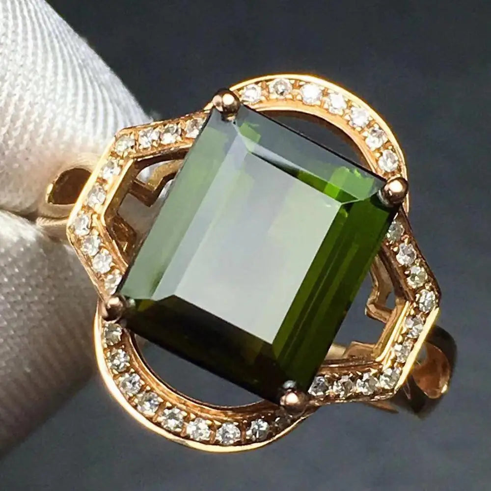 Ring 18K Gold 4.2ct Green Tourmaline Gemstone Diamonds Men's Wedding Ring