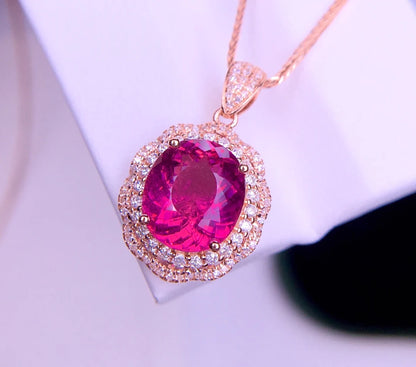 Pendant 18K Gold 2.95ct Red Tourmaline Gemstones Diamond Necklace