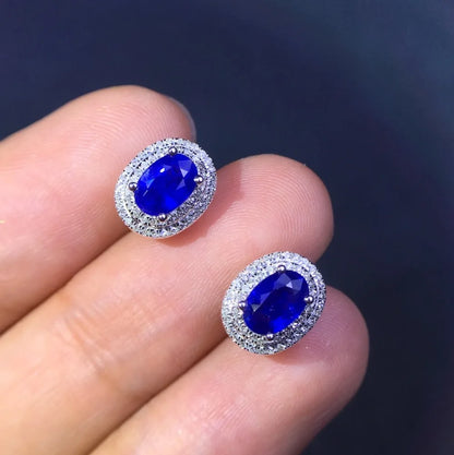 Earrings 18K Gold 1.3ct Blue Sapphire Diamonds Stud Female's Fine