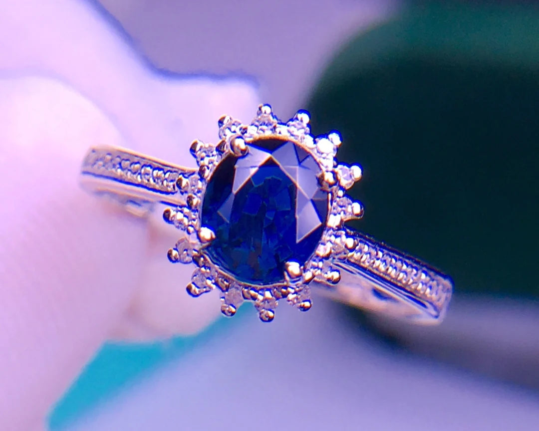 Ring 18K Gold 1.02ct Blue Sapphire Gemstones Diamonds Stone Female