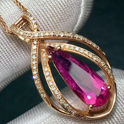 Pendant 18K Gold 2.9ct Rubillite Tourmaline Gemstones Diamond Necklace