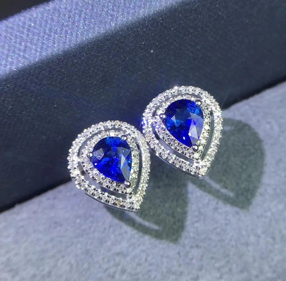 Earrings 18K Gold 0.9ct Royal Blue Sapphire Gemstones Stud Female's