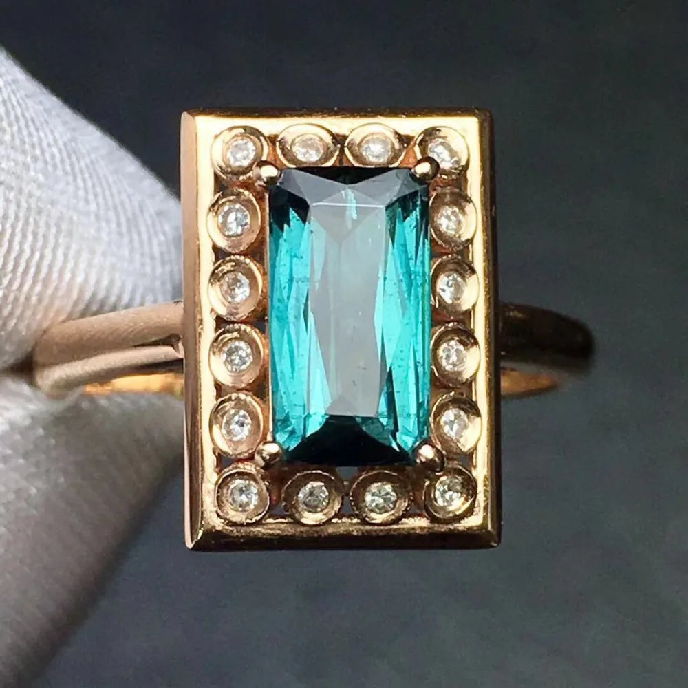 Ring 18K Gold 1.9ct Blue Tourmaline Gemstone Diamonds Female Fine