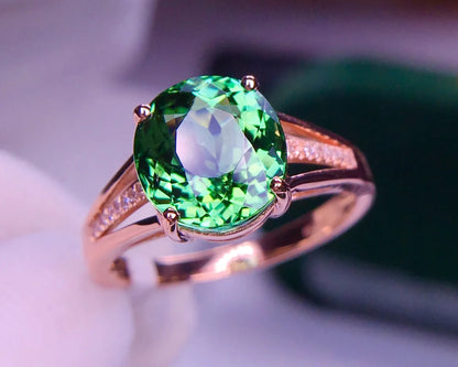 Ring 18K Gold 3.9ct Green Tourmaline Gemstones Diamonds Female Fine Present