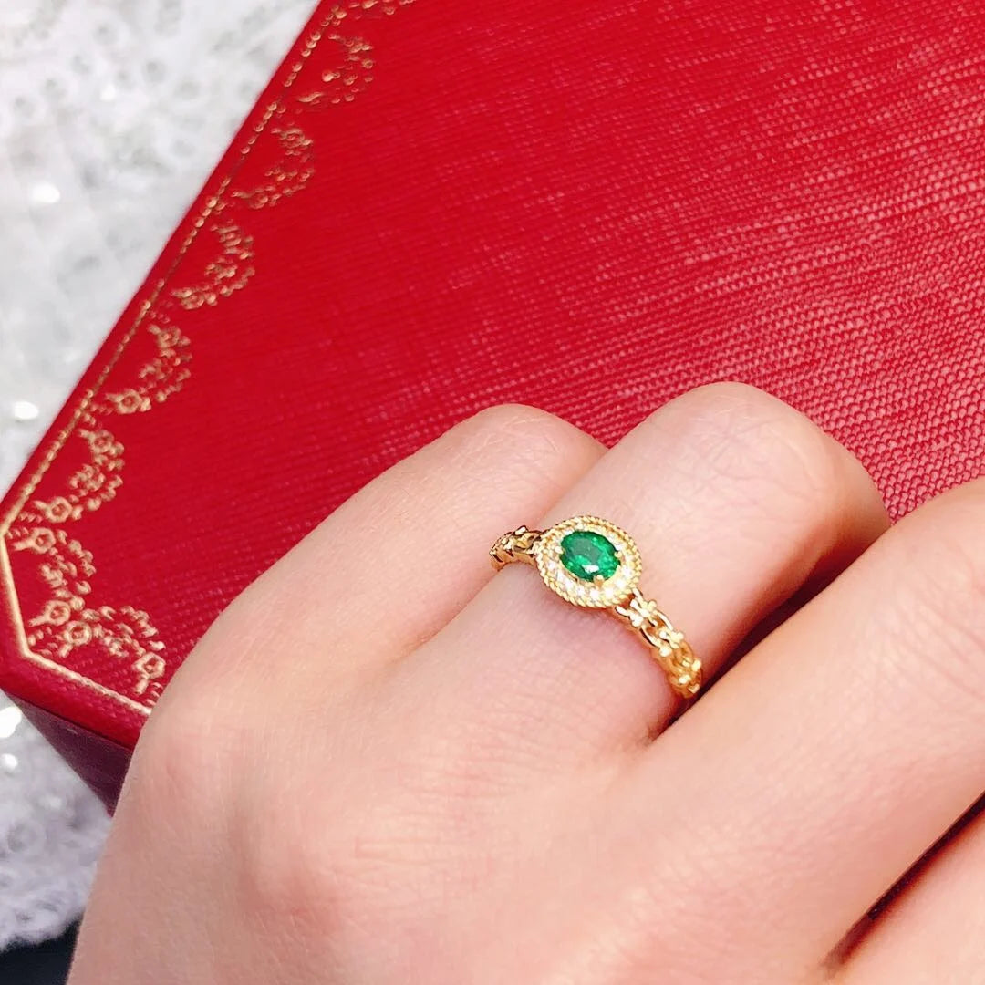 Ring 18K Yellow Gold 100% Natural Green Emerald Gemstones Female's