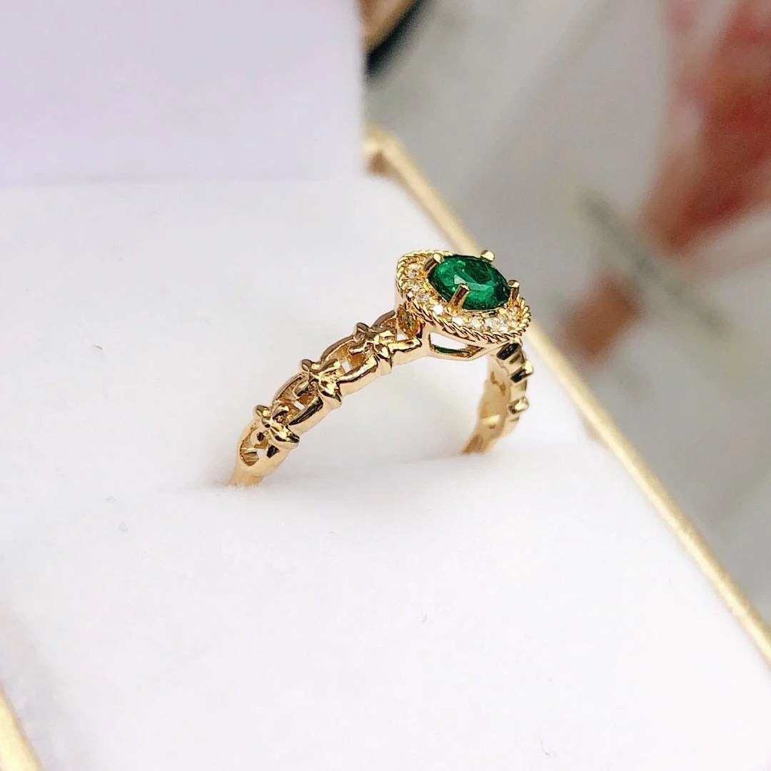 Ring 18K Yellow Gold 100% Natural Green Emerald Gemstones Female's