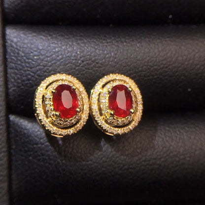 Earrings 18K Gold 0.75ct Red Ruby Gemstones Stud Female's Fine Gift