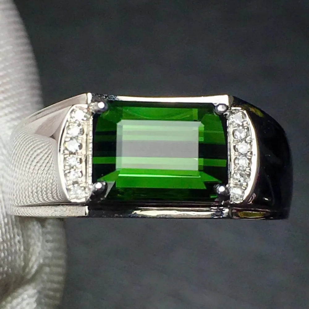 Ring 18K Gold 3ct Green Tourmaline Gemstone Diamonds Men's Wedding Ring