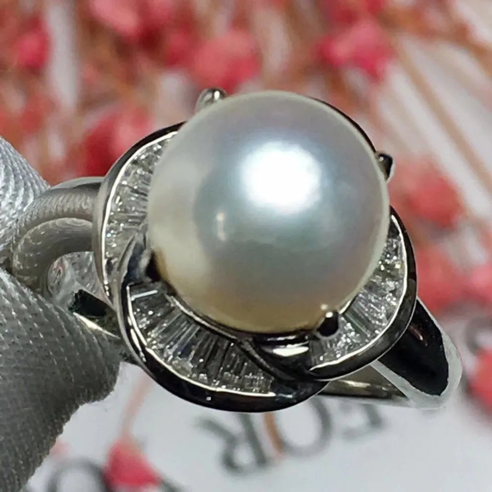 Ring Pt900 Platinum Akoya Pearl 9.3mm Natural Diamond Female's