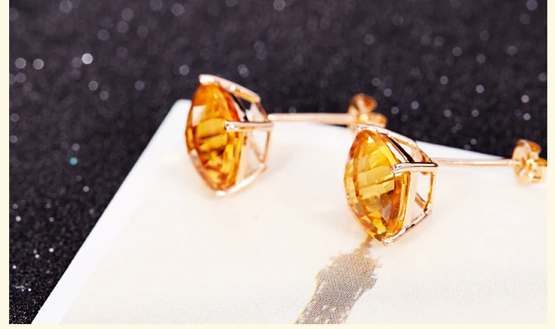 Earrings 18K Gold Citrine 7*7mm Gemstones Female's Fine Gift