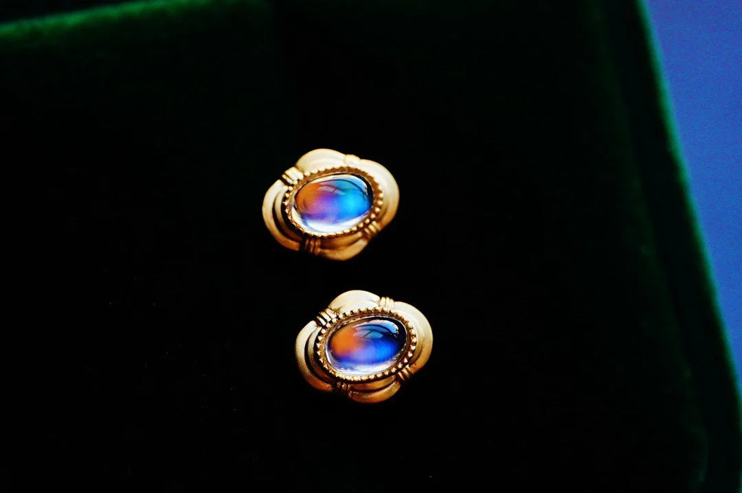 Earrings 18K Gold 6.58mm Moonstone Stud Gemstones Female's Fine Gift