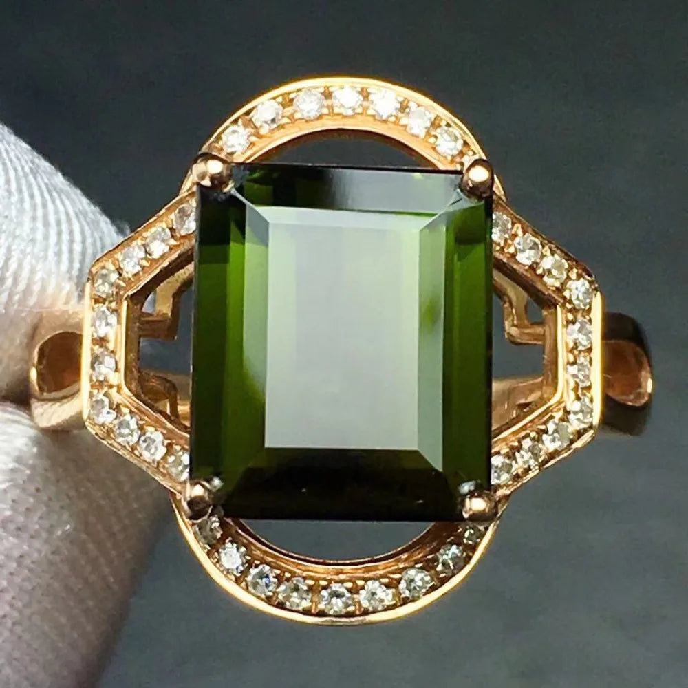 Ring 18K Gold 4.2ct Green Tourmaline Gemstone Diamonds Men's Wedding Ring