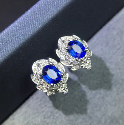 Earrings 18K Gold 0.9ct Royal Blue Sapphire Gemstones Stud Female