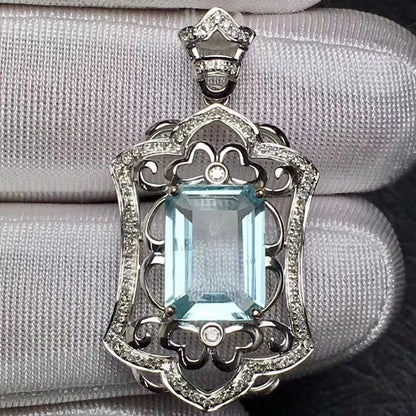 Pendant 18K White Gold 3.5ct Blue Aquamarine Gemstones Diamond Necklace for Women