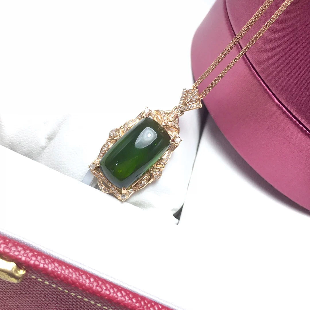 Pendant 18K Gold 8.3ct Green Tourmaline Gemstones Diamond Necklace for Women