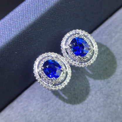 Earrings 18K Gold 0.9ct Royal Blue Sapphire Gemstones Stud Female